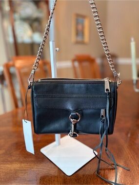 NWT Rebecca Minkoff Black Leather “Mini Mac” Crossbody Bag w/ Silver Chain Strap